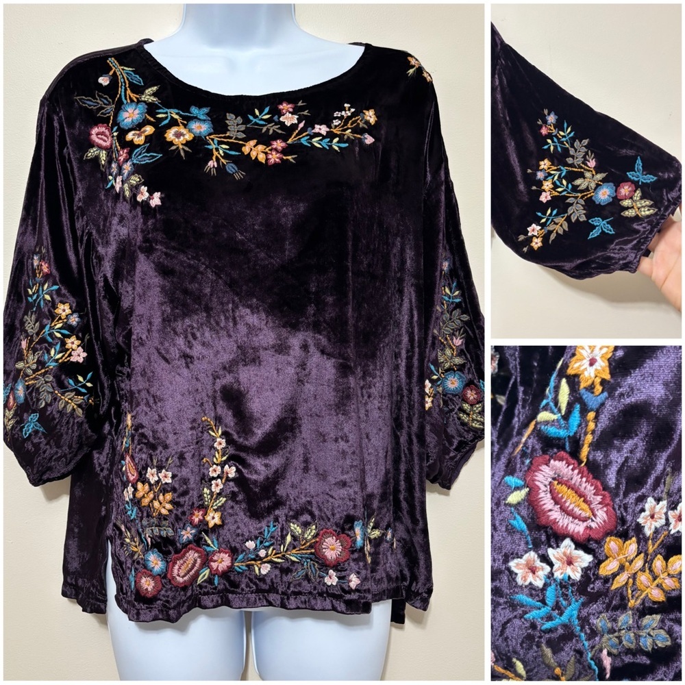 NWT Kyla Seo Embroidered Crushed Velvet Purple Blouse Boho Whimsigoth Holiday S